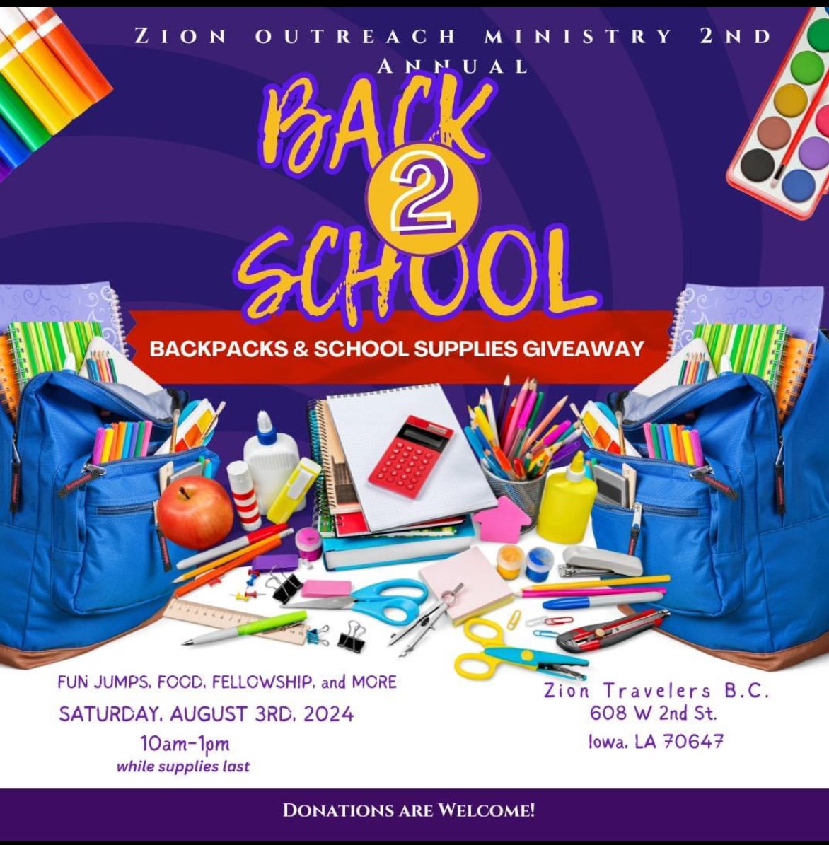 Zion Outreach Ministry Back 2 School backpack and school supplies giveaway